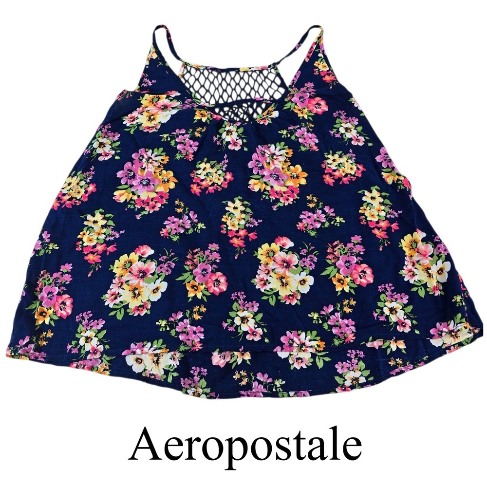 Aeropostale Tank Top Womens Medium Blue Rayon Floral Cami Crochet Boho Festival